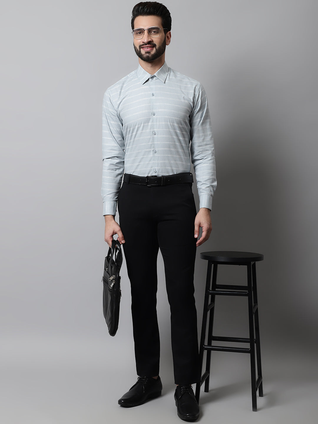 Men Grey Classic Striped Formal Cotton Shirt