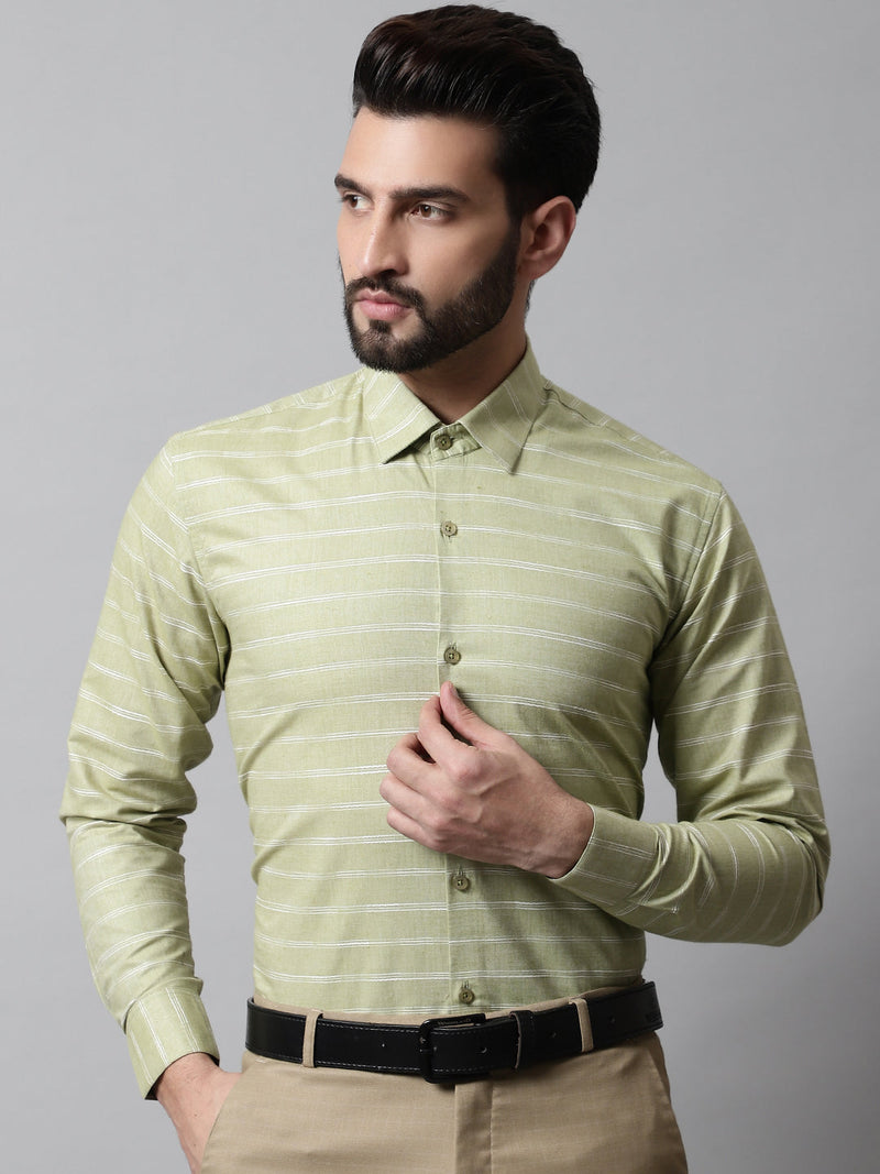 Men Pista Green Classic Striped Formal Cotton Shirt