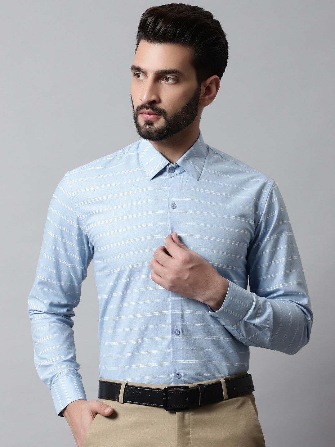 Men Sky Blue Classic Striped Formal Cotton Shirt