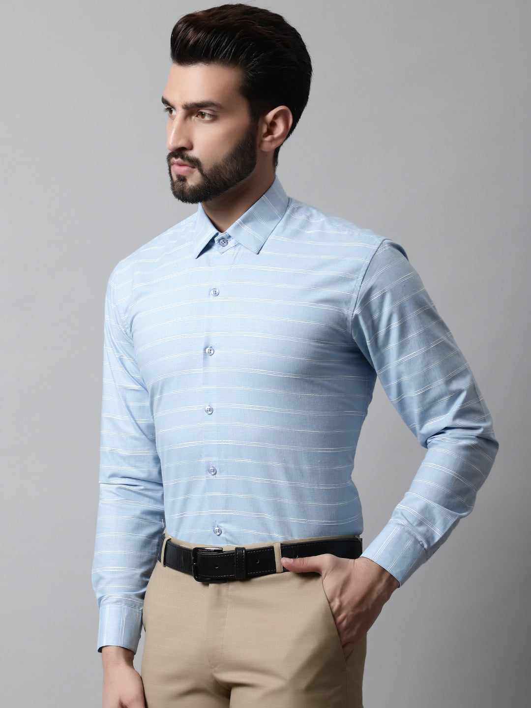 Men Sky Blue Classic Striped Formal Cotton Shirt