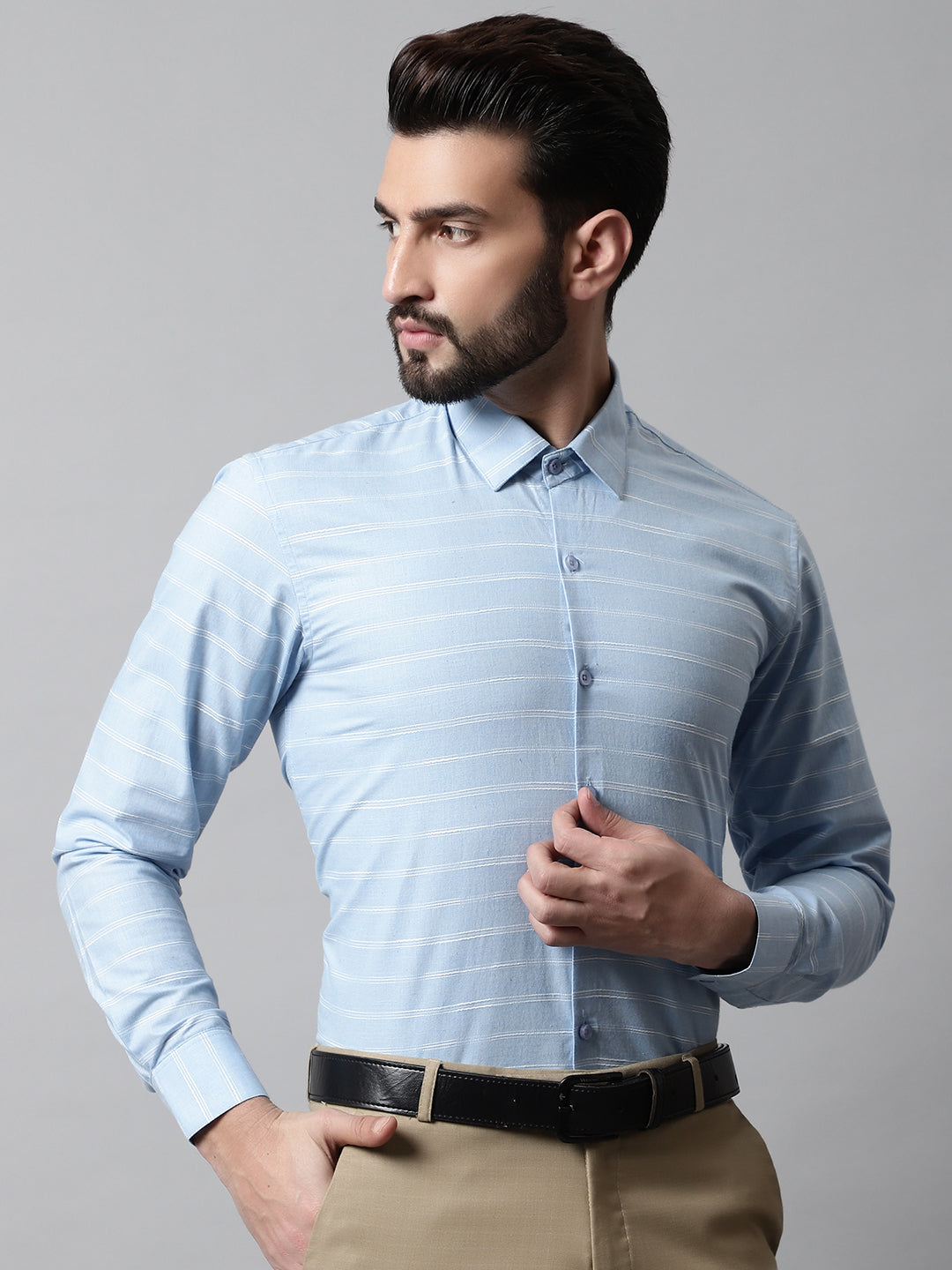 Men Sky Blue Classic Striped Formal Cotton Shirt