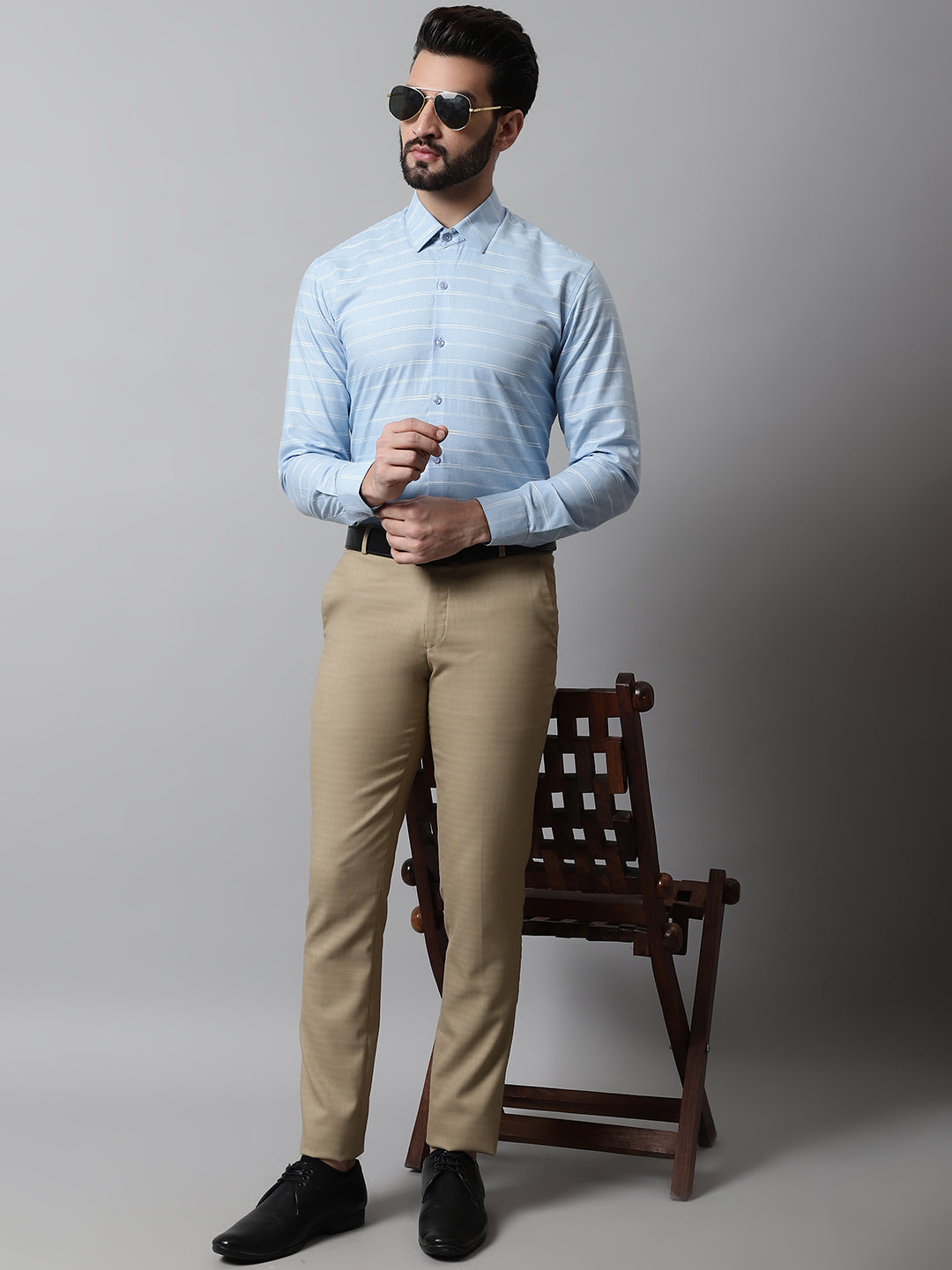 Men Sky Blue Classic Striped Formal Cotton Shirt