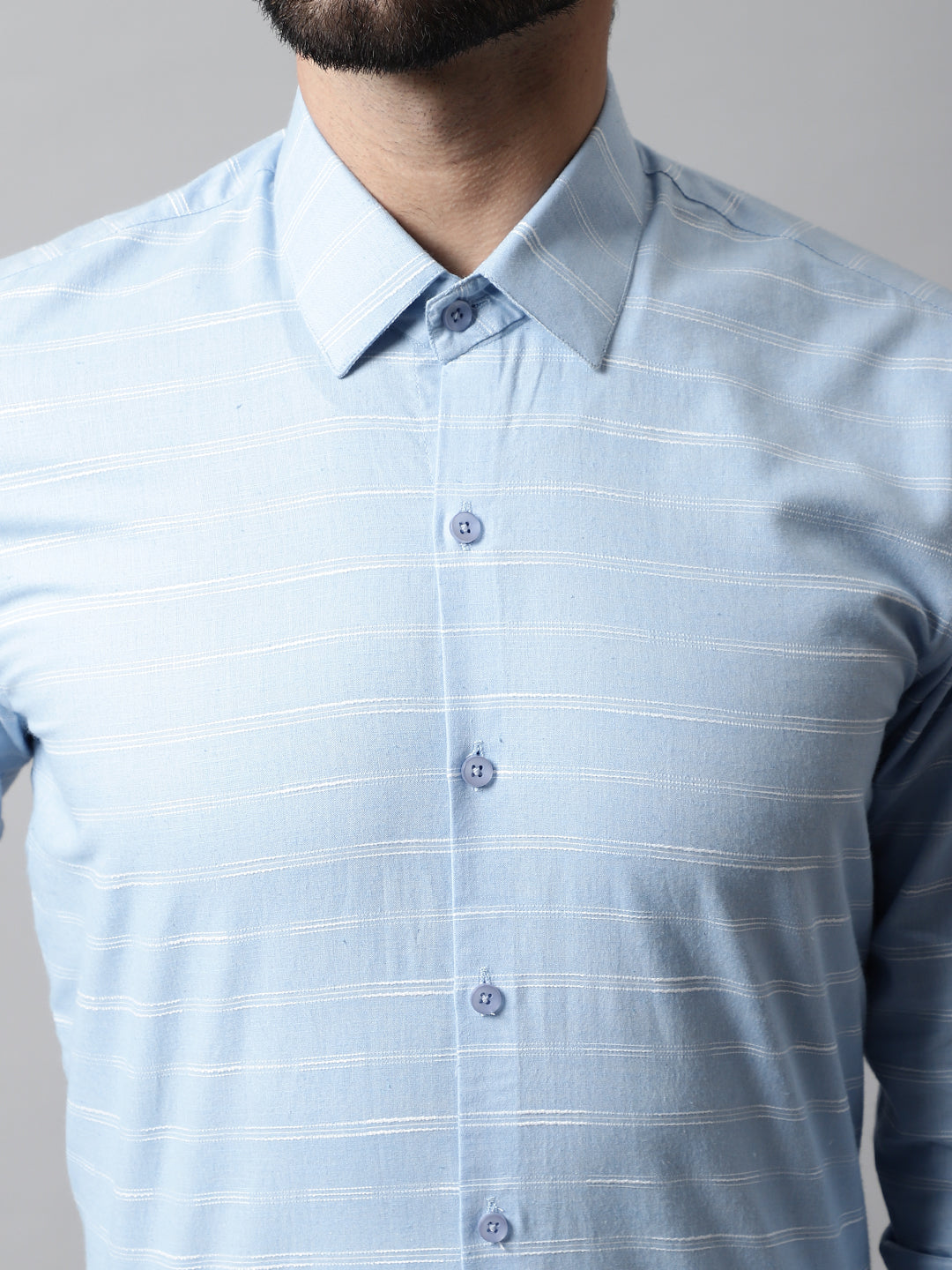 Men Sky Blue Classic Striped Formal Cotton Shirt