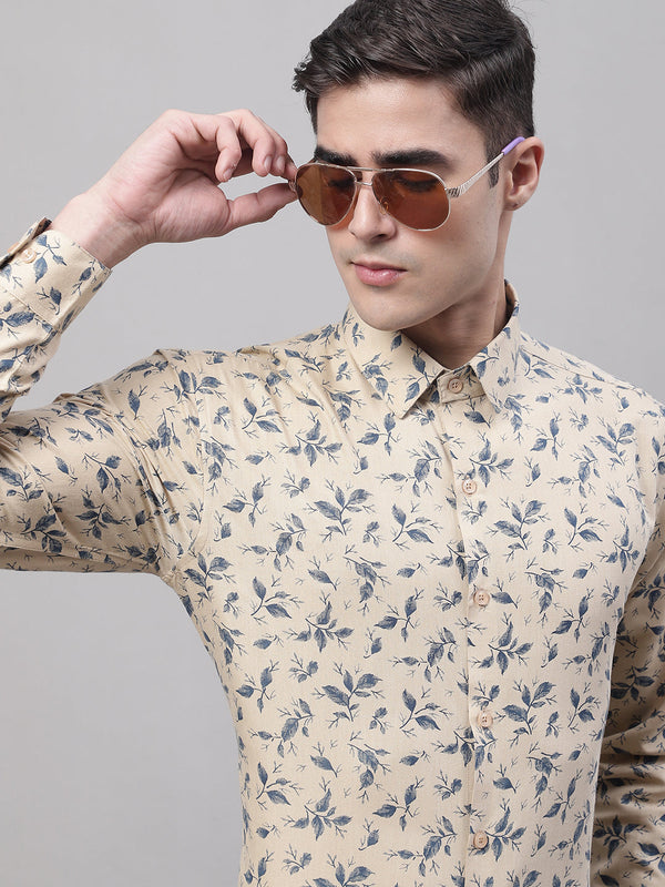 Men Beige Regular Fit Printed Pure Cotton Formal Shirt