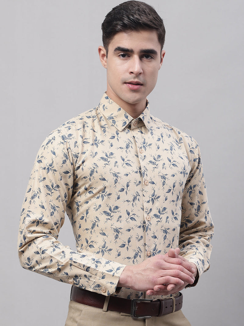 Men Beige Regular Fit Printed Pure Cotton Formal Shirt