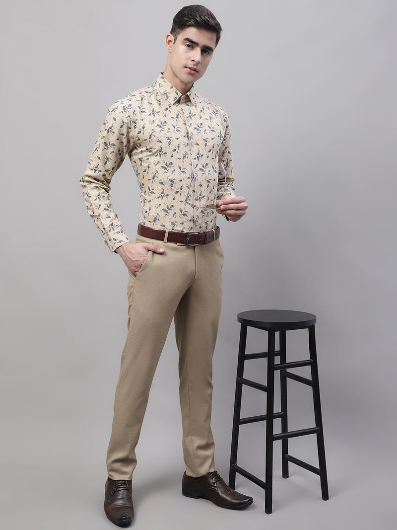 Men Beige Regular Fit Printed Pure Cotton Formal Shirt