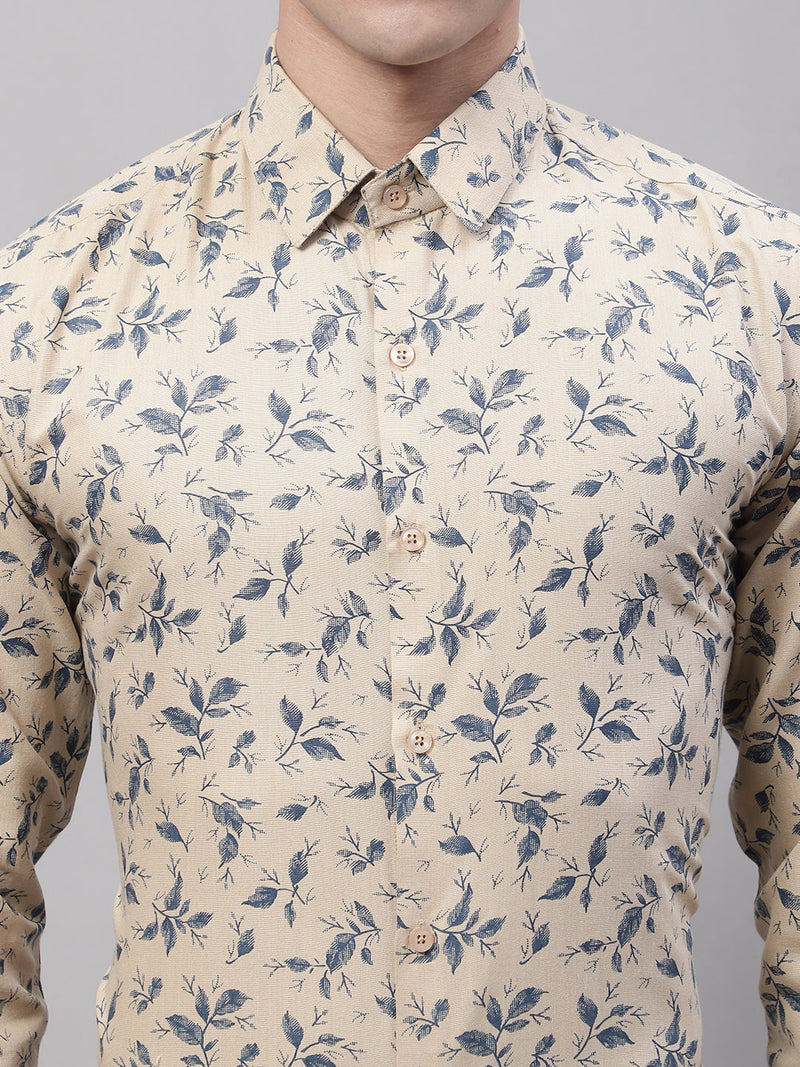 Men Beige Regular Fit Printed Pure Cotton Formal Shirt