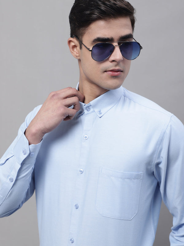 Men's Sky Blue Cotton Solid Formal Shirt