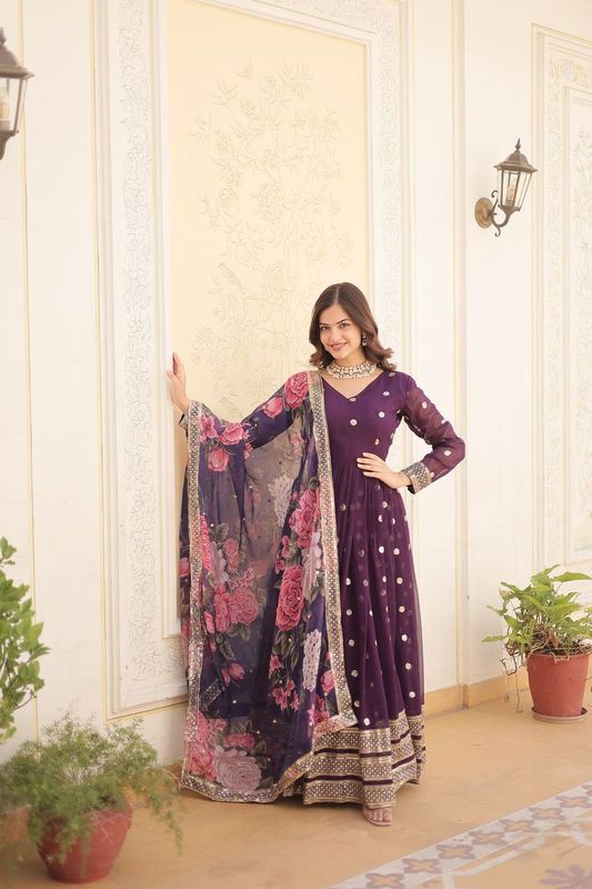 Aastha Purple Faux georgette with Gown Tabby silk
