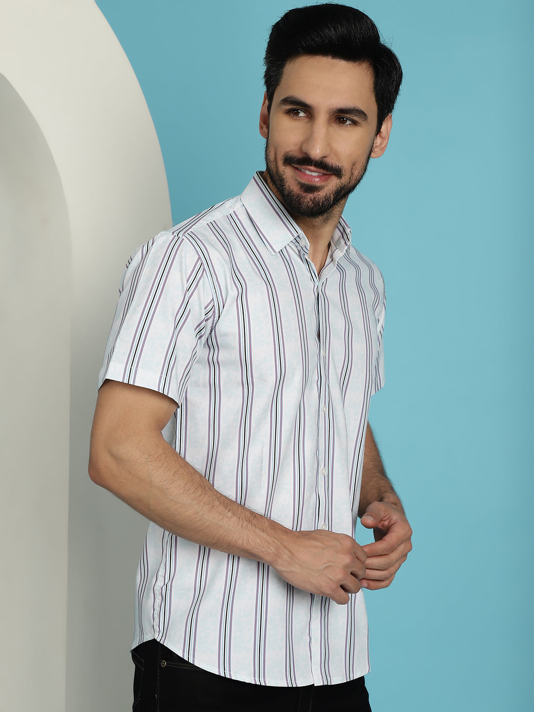 Men's Vertical Striped Half Sleeve Casual Shirt for Mens