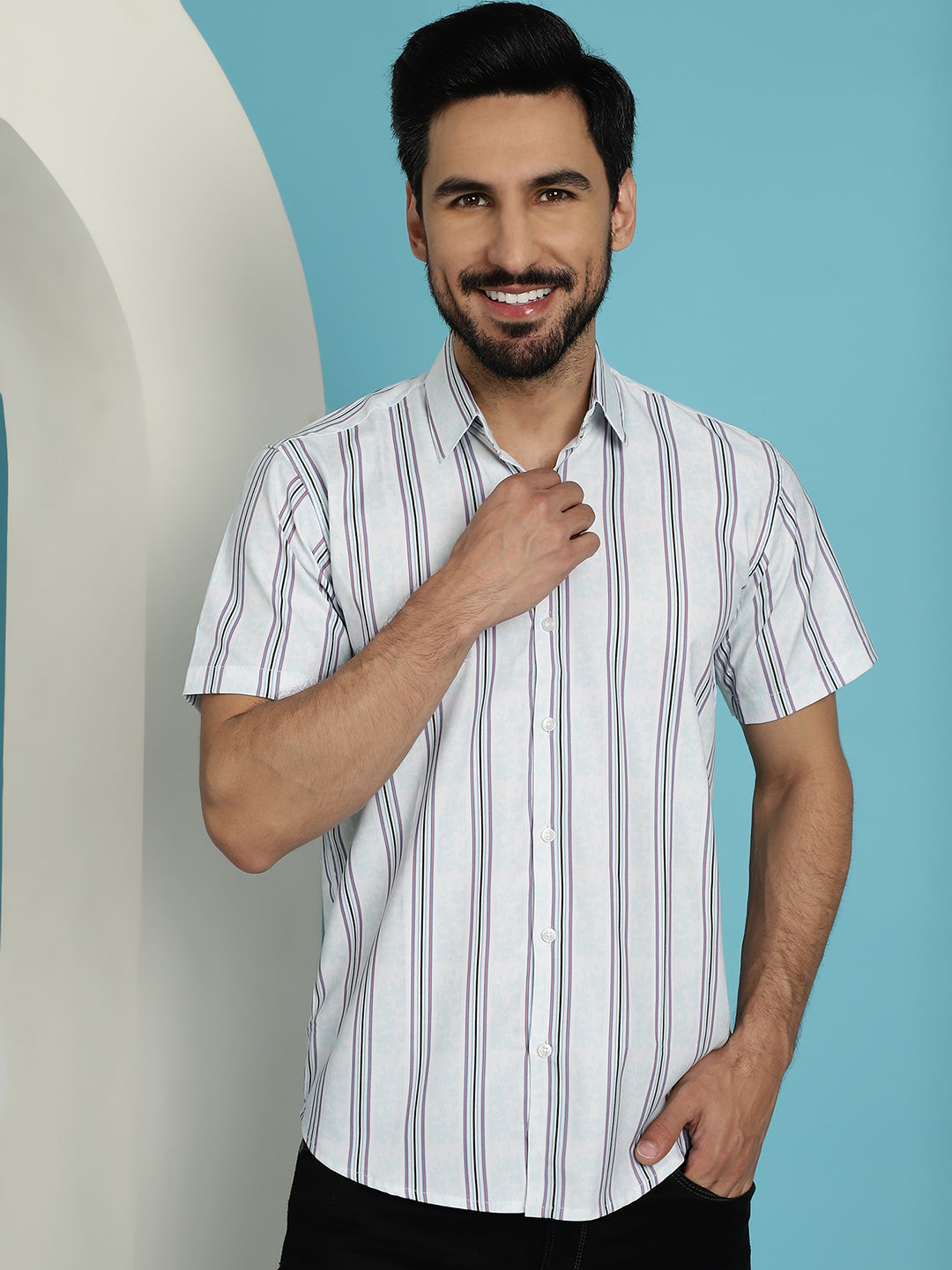 Men's Vertical Striped Half Sleeve Casual Shirt for Mens