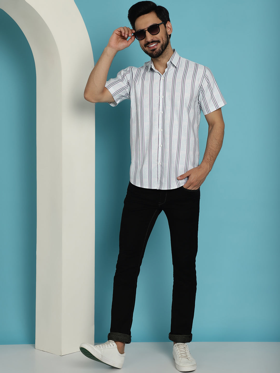 Men's Vertical Striped Half Sleeve Casual Shirt for Mens