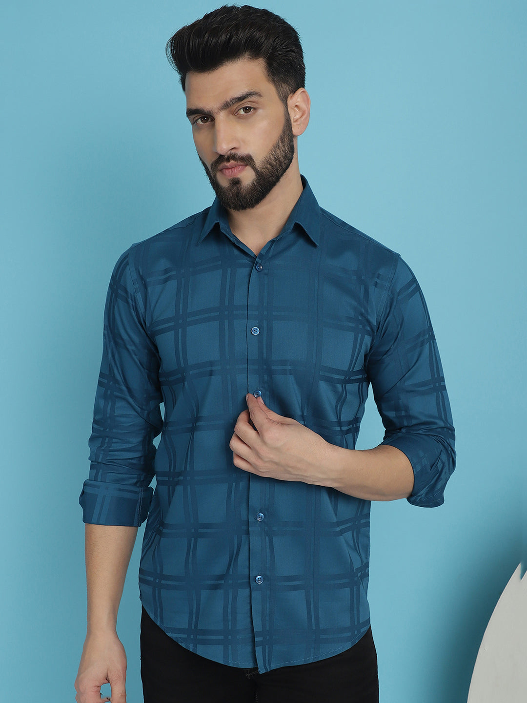 Peacock Blue Checked Casual Shirt