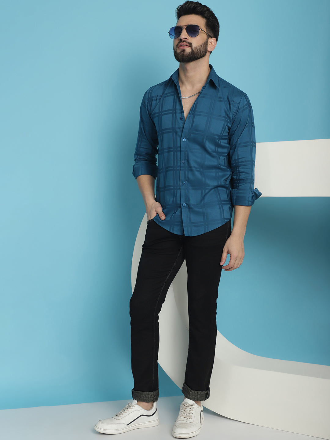 Peacock Blue Checked Casual Shirt