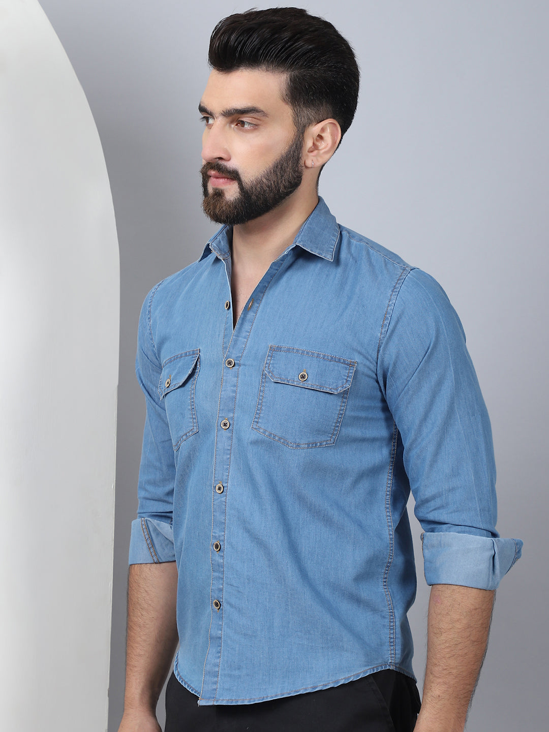 Faded Cotton Denim Casual Shirt