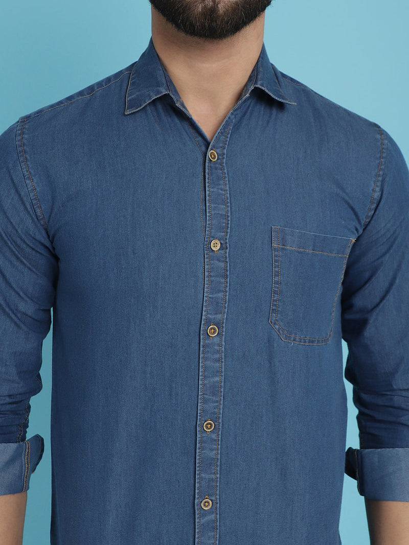 Faded Cotton Denim Casual Shirt for Men