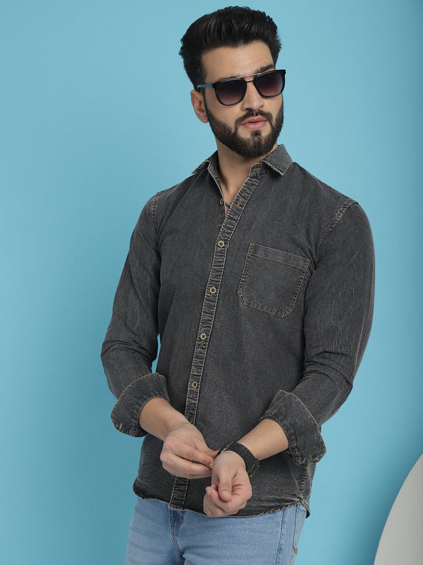 Faded Cotton Denim Casual Shirt for Men