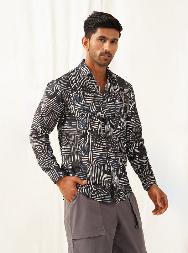 Grey Printed Spread Collar Cotton Curved Casual Shirt