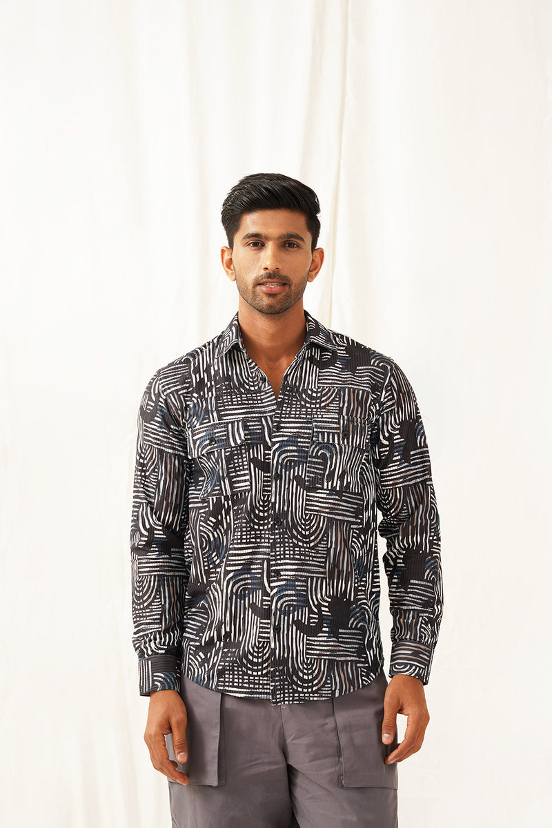 Grey Printed Spread Collar Cotton Curved Casual Shirt