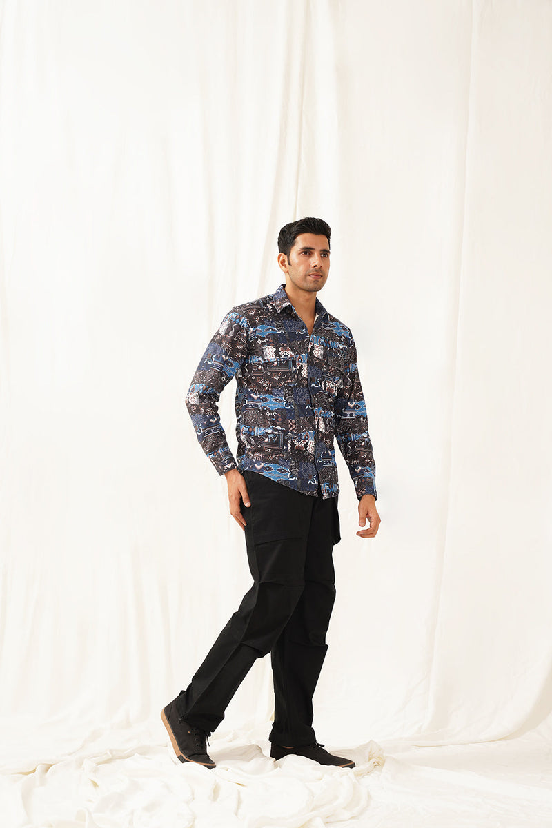 Navy Blue Printed Spread Collar Cotton Curved Casual Shirt