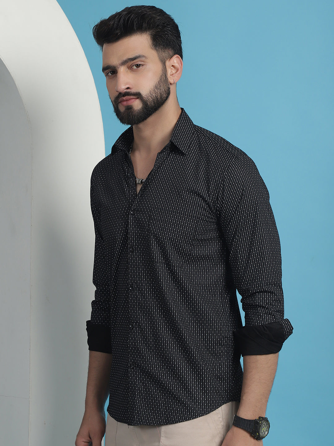 Black Geometric Printed Cotton Casual Shirt