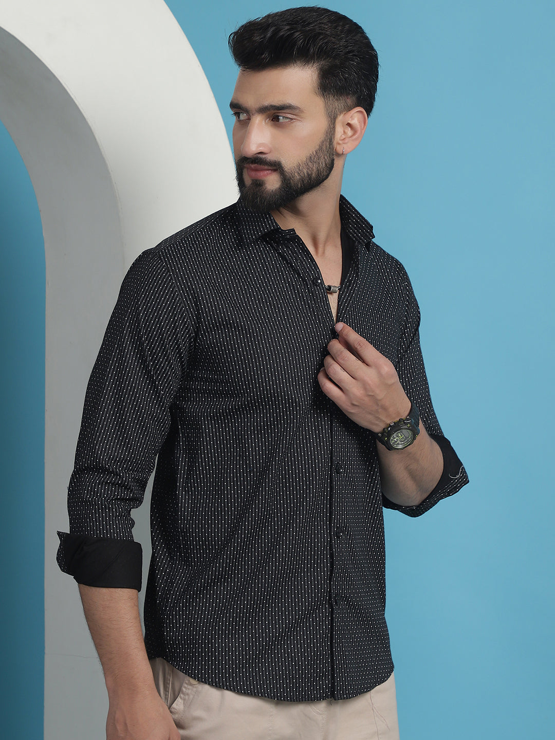Black Geometric Printed Cotton Casual Shirt