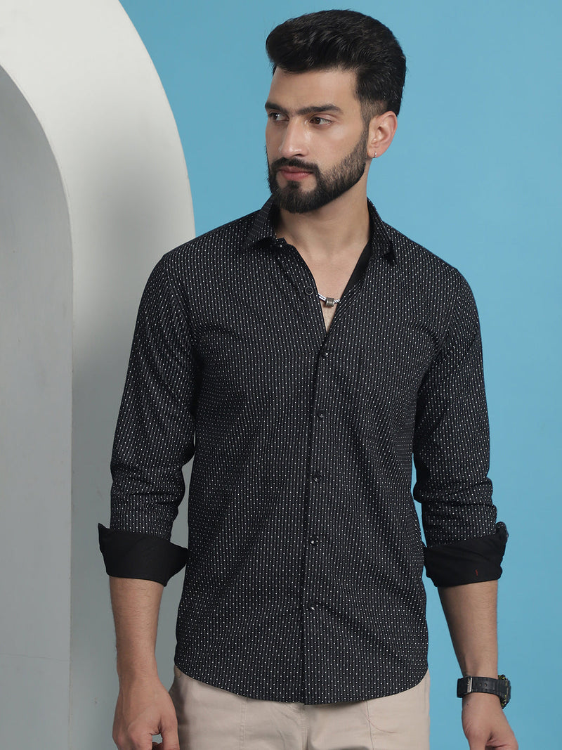 Black Geometric Printed Cotton Casual Shirt