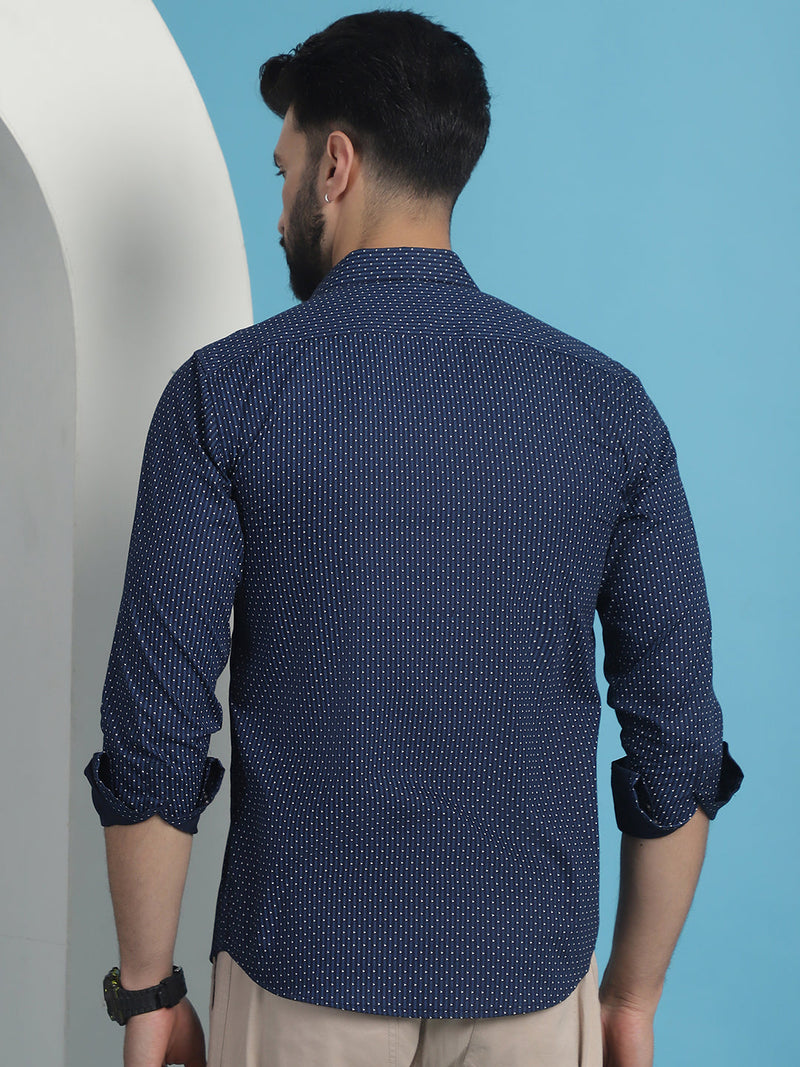 Navy Blue Geometric Printed Cotton Casual Shirt