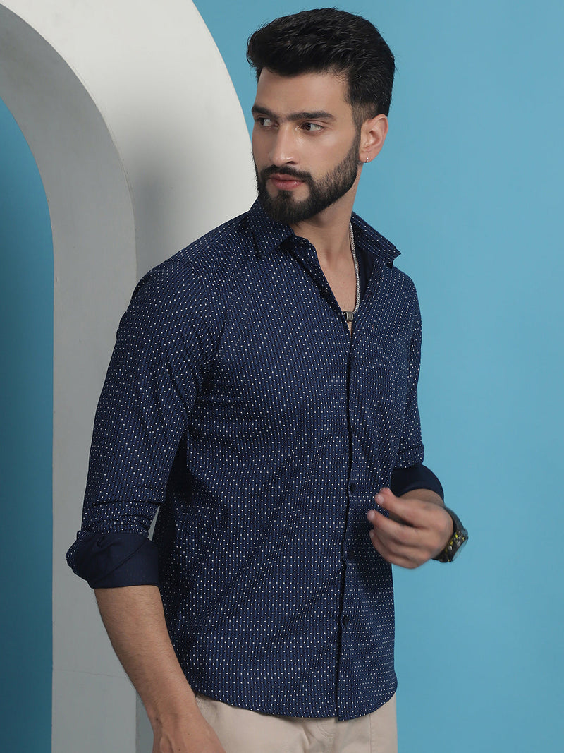 Navy Blue Geometric Printed Cotton Casual Shirt