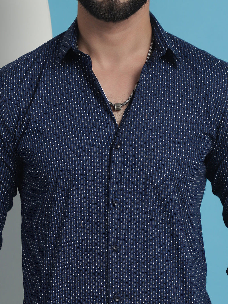 Navy Blue Geometric Printed Cotton Casual Shirt