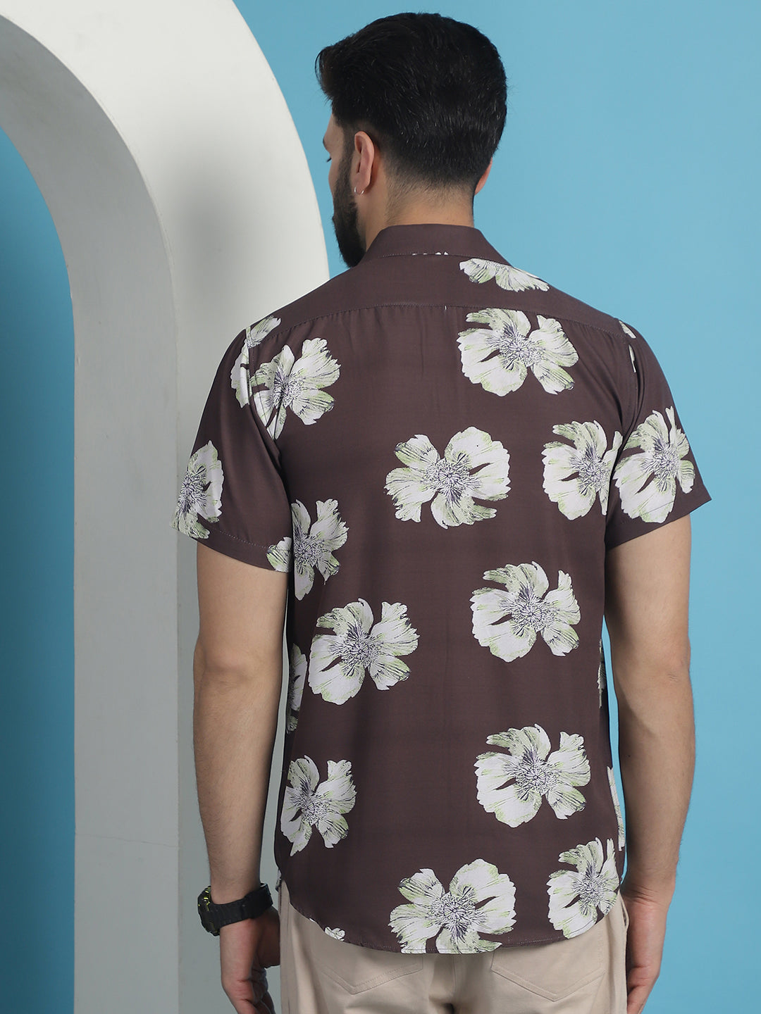 Brown Floral Printed Cotton Casual Shirt