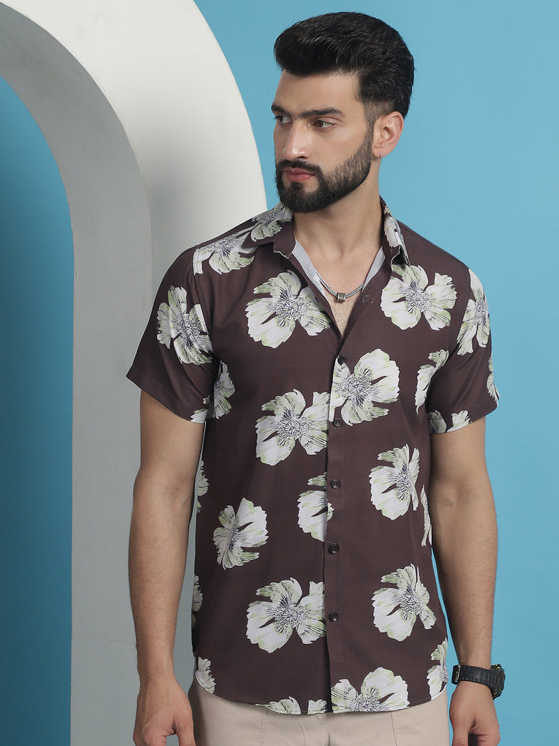 Brown Floral Printed Cotton Casual Shirt