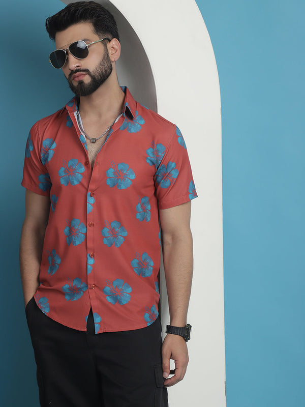 Red Floral Printed Cotton Casual Shirt