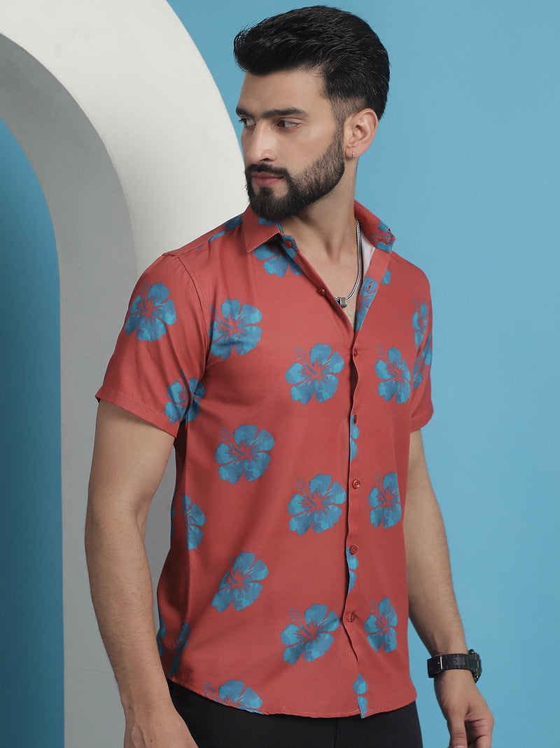 Red Floral Printed Cotton Casual Shirt