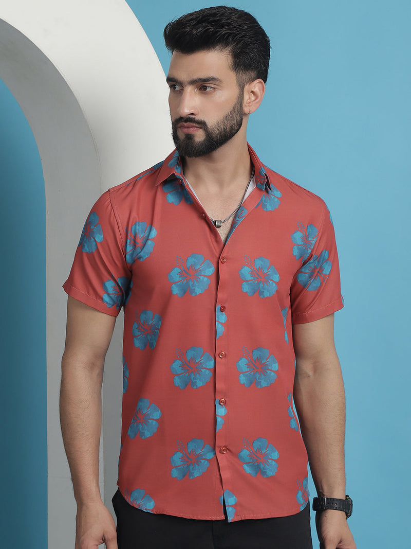 Red Floral Printed Cotton Casual Shirt