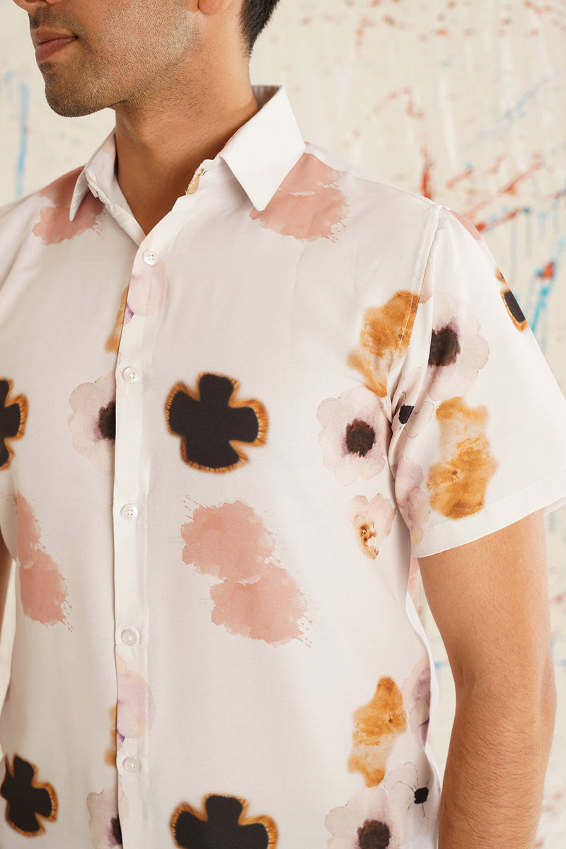 Classic Peach Floral Printed Spread Collar Cotton Curved Casual Shirt