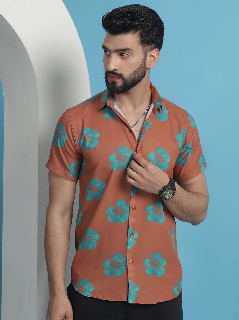 Rust Floral Printed Cotton Casual Shirt