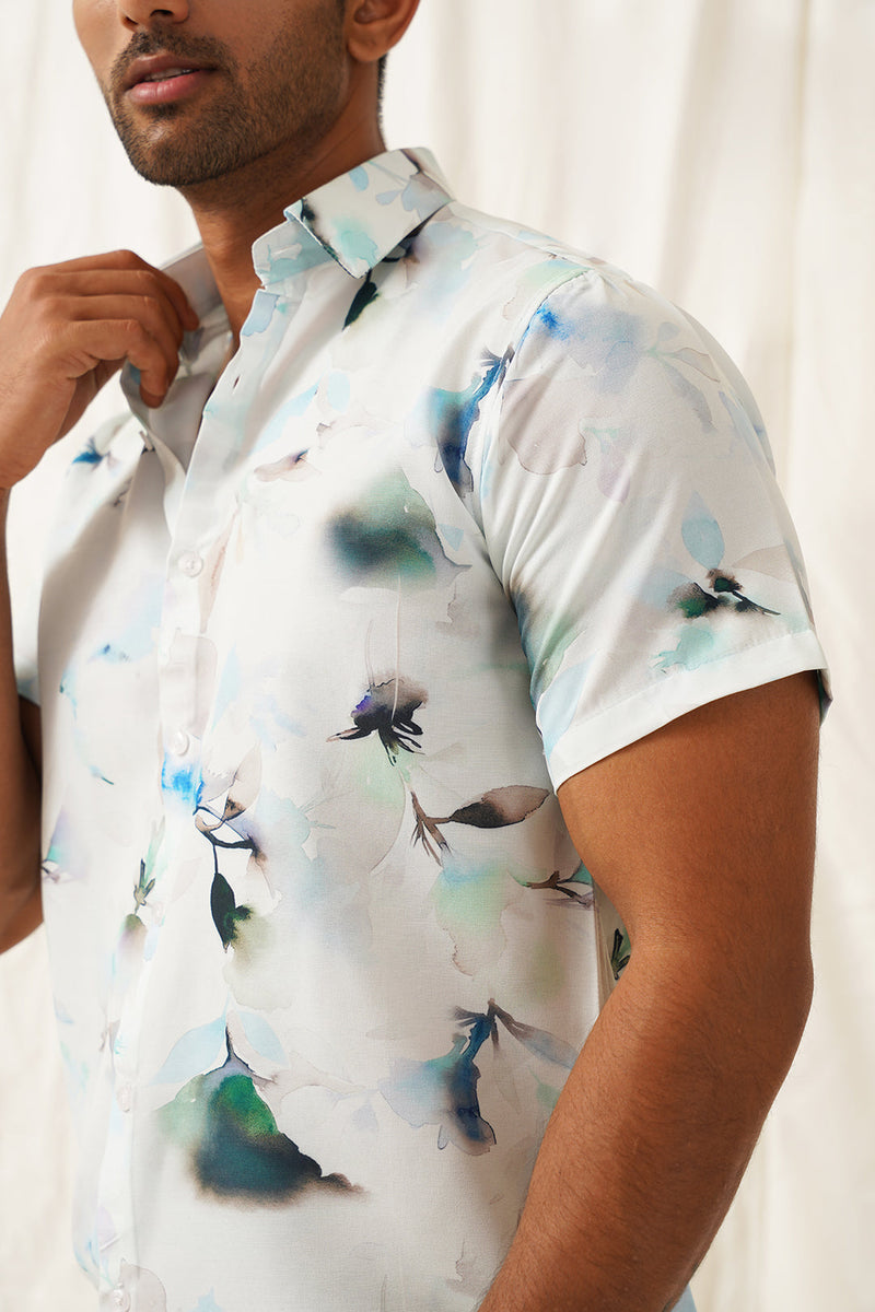 Classic Blue Floral Printed Spread Collar Cotton Curved Casual Shirt