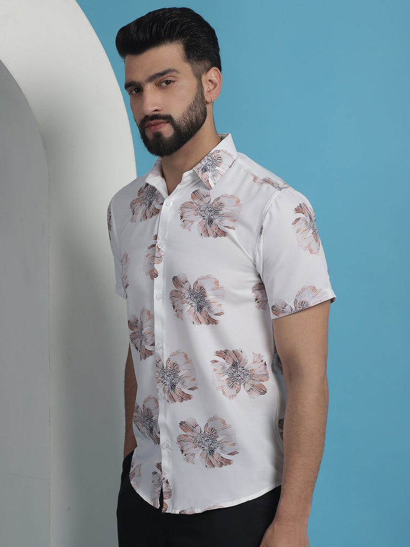 White Floral Printed Cotton Casual Shirt