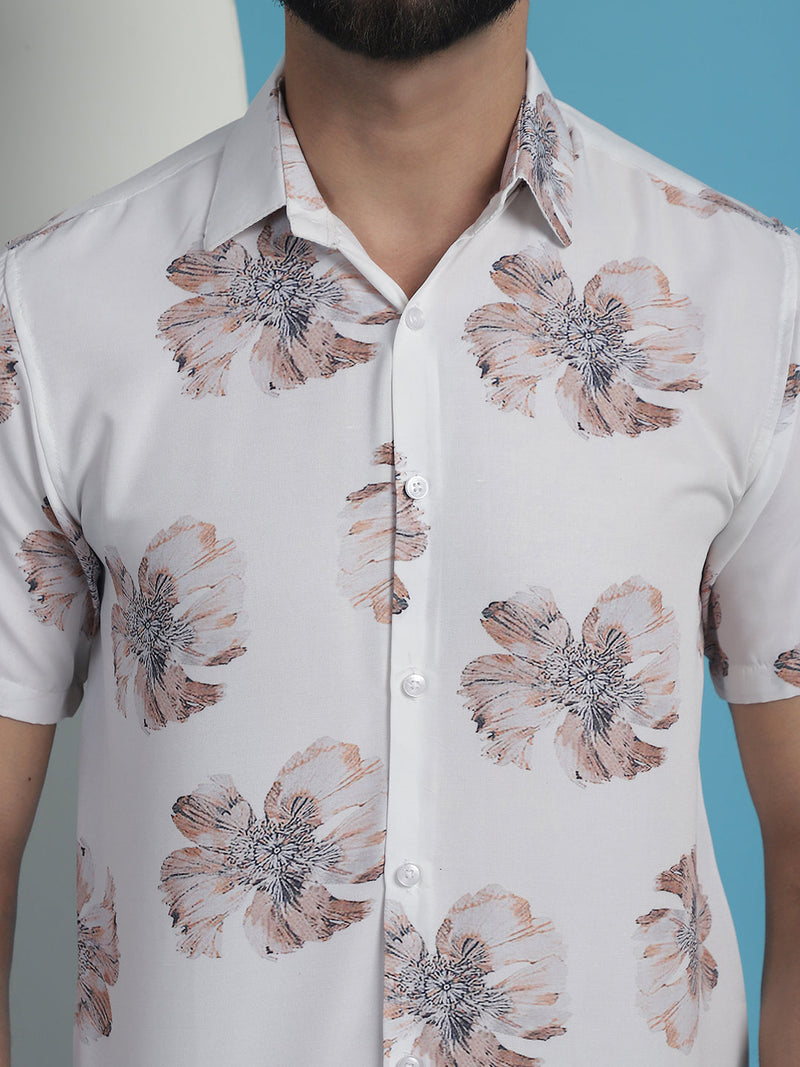 White Floral Printed Cotton Casual Shirt