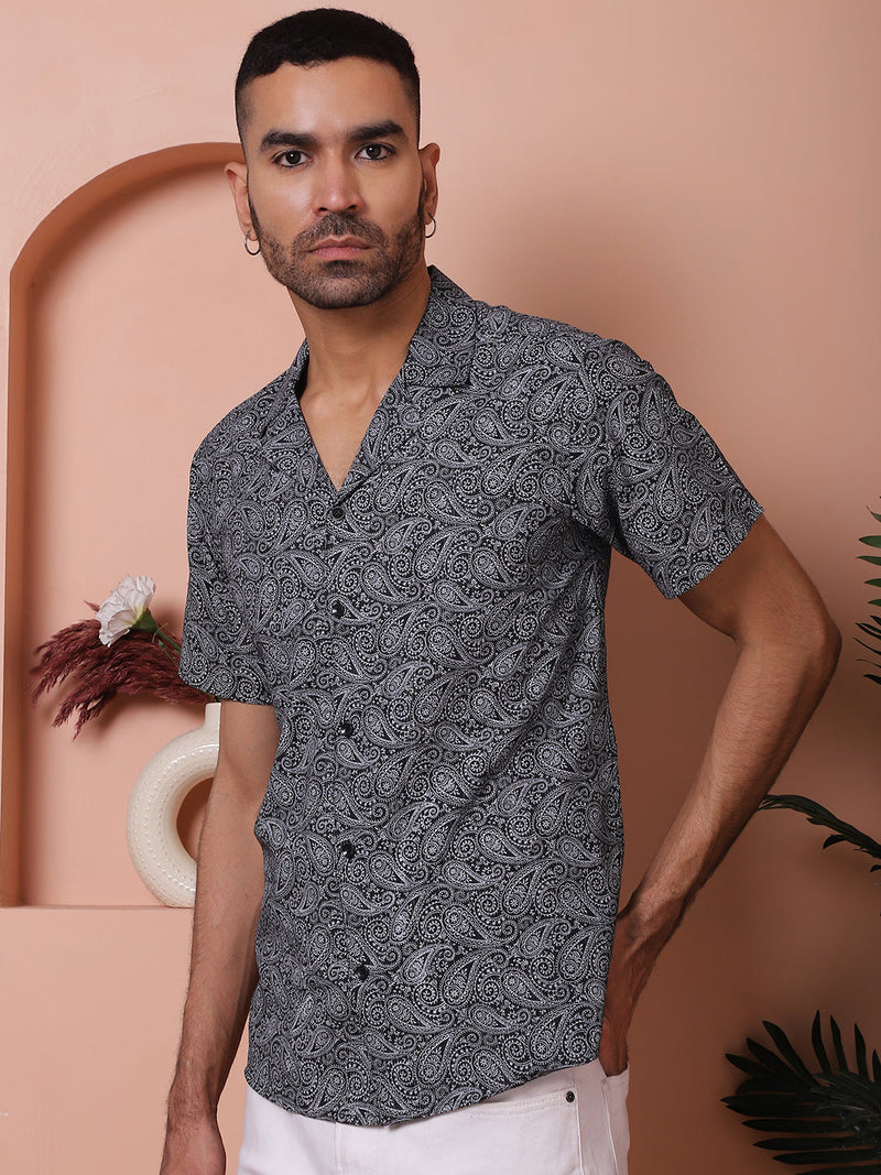 Black Paisley Printed Cotton Casual Shirt