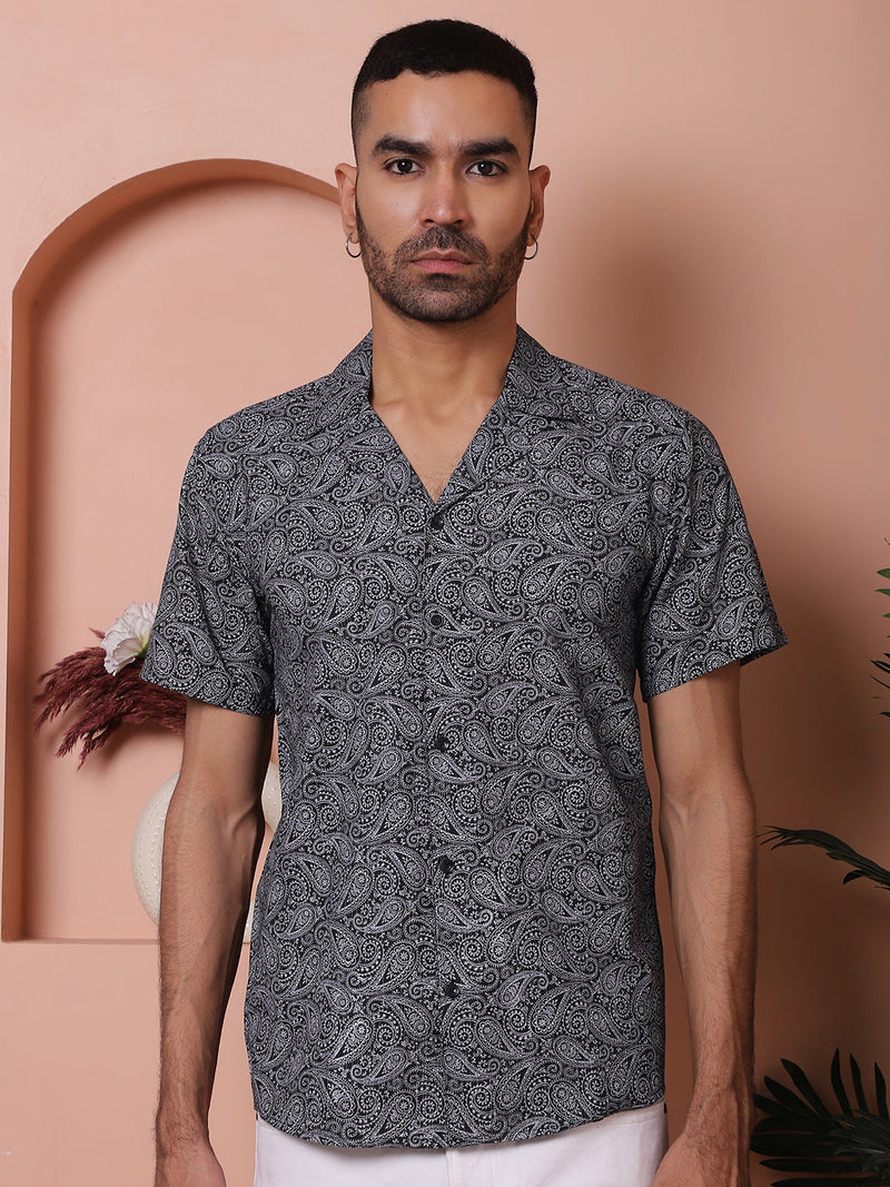 Black Paisley Printed Cotton Casual Shirt