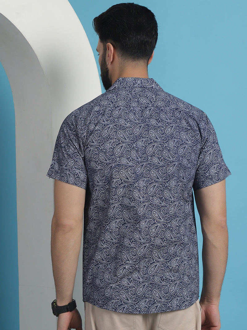 Navy Blue Paisley Printed Cotton Casual Shirt