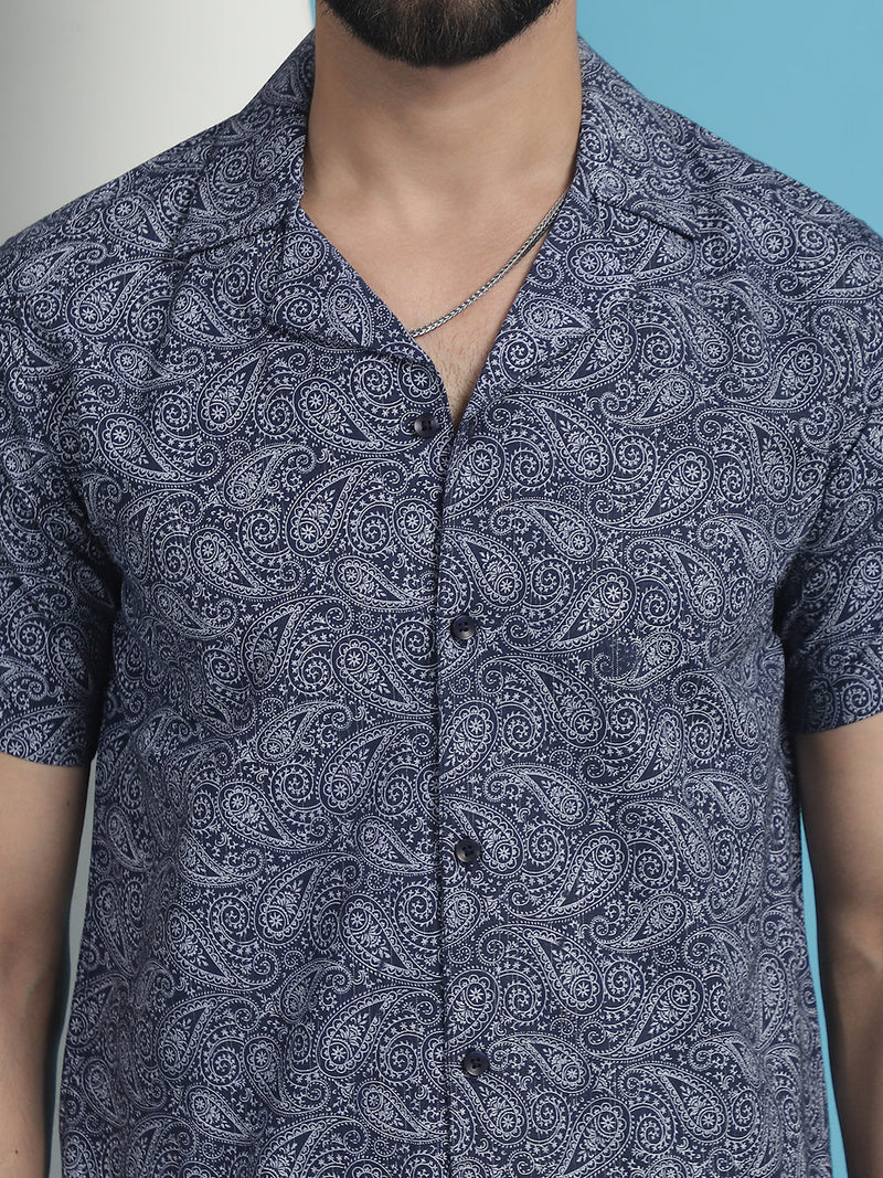 Navy Blue Paisley Printed Cotton Casual Shirt