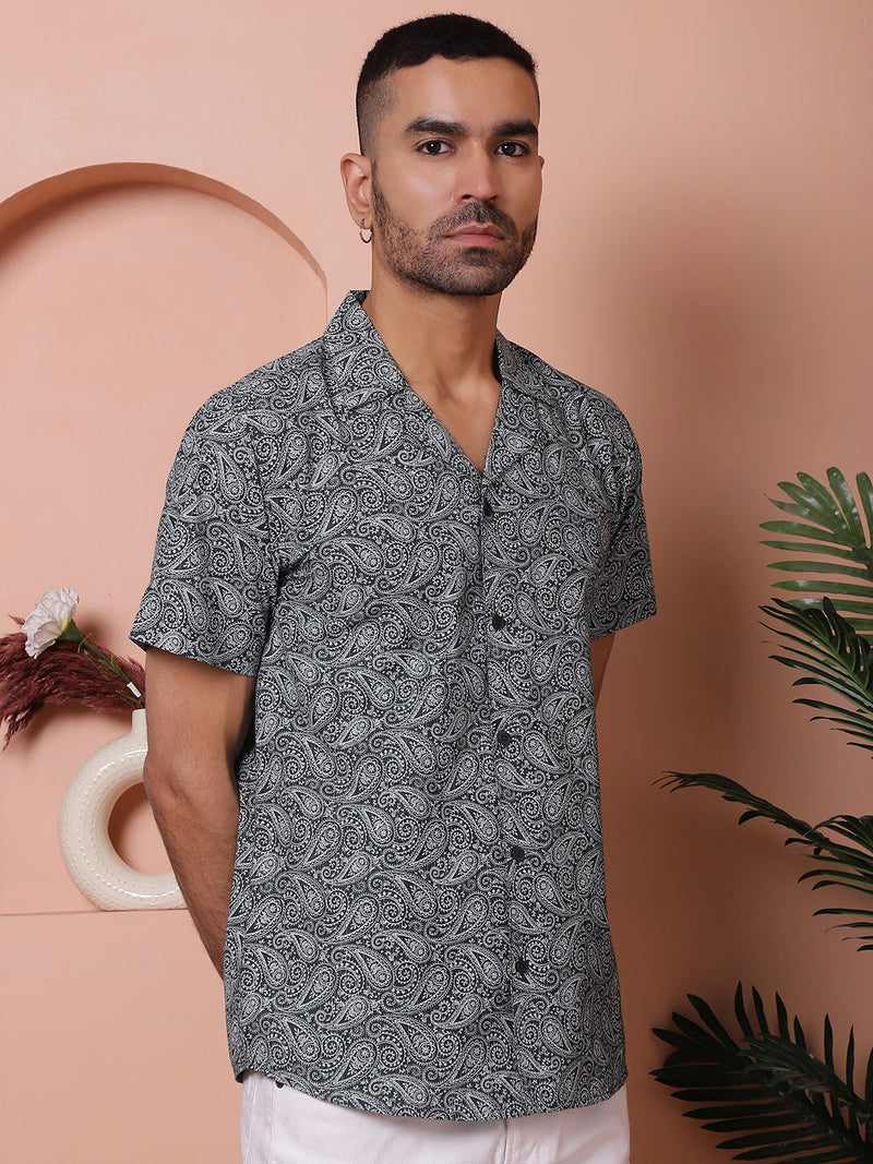 Olive Green Paisley Printed Cotton Casual Shirt