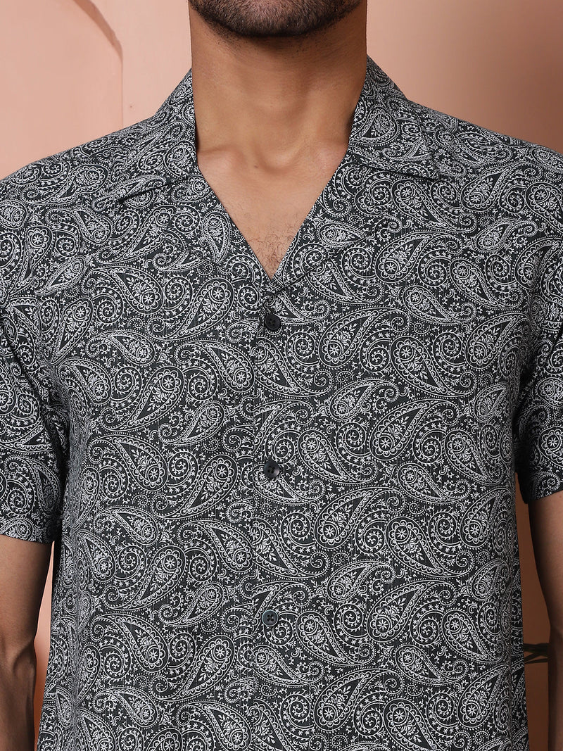 Olive Green Paisley Printed Cotton Casual Shirt