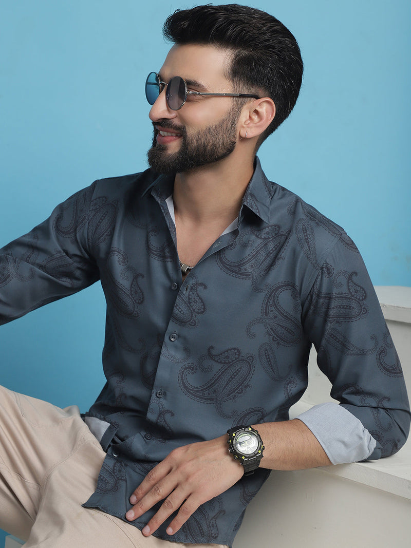 Grey Floral Printed Cotton Casual Shirt