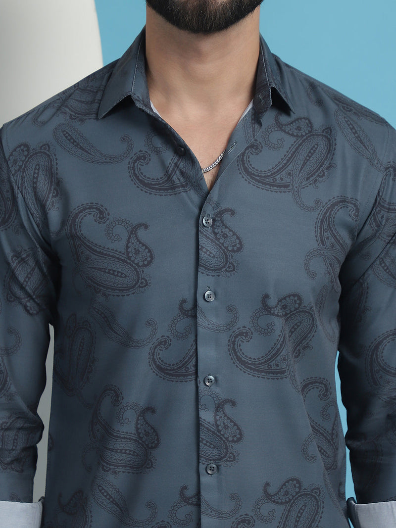 Grey Floral Printed Cotton Casual Shirt