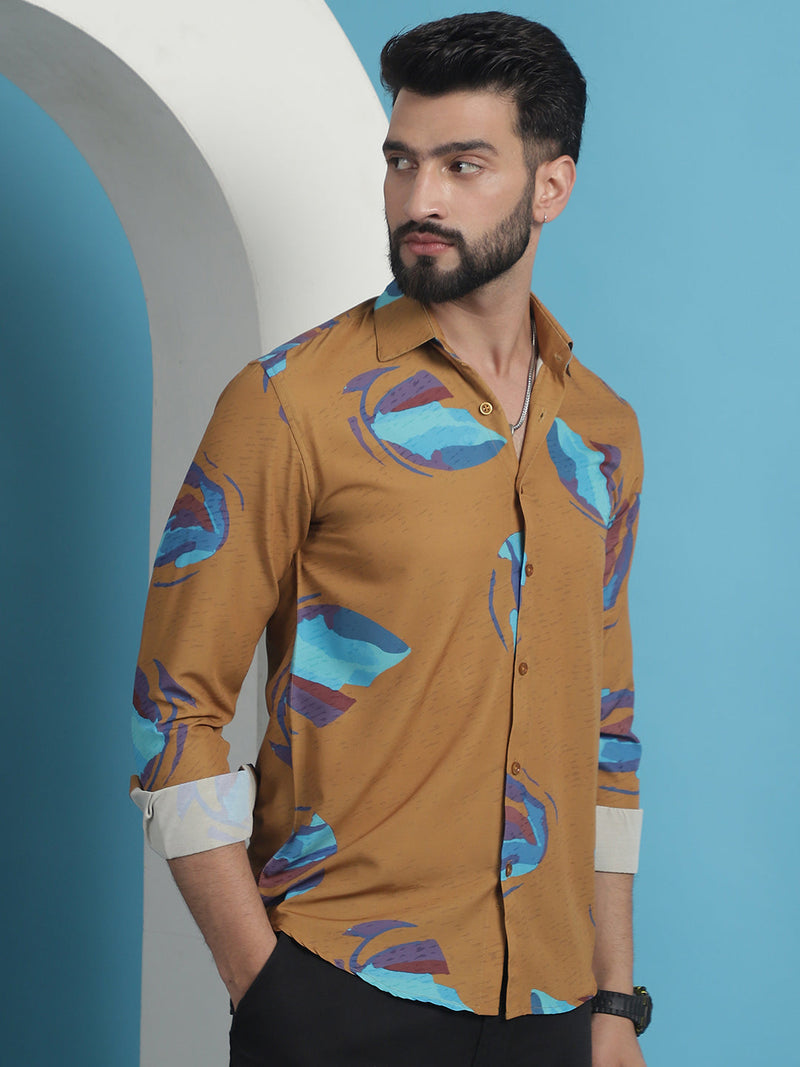 Mustard Floral Printed Cotton Casual Shirt