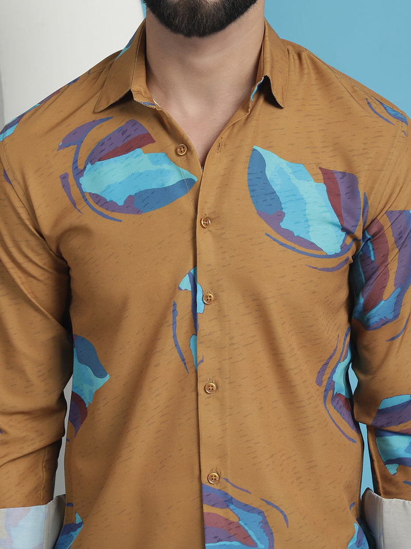 Mustard Floral Printed Cotton Casual Shirt